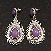 Burn Silver Teardrop Purple Resin Stone Drop Earrings - 5cm Length