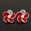 Small Red Enamel Diamante 'Flower' Stud Earrings In Silver Finish - 15mm Diameter