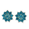 Light Blue Diamante Floral Stud Earrings In Silver Plating - 18mm Diameter
