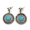 Burn Silver Round Diamante Turquoise Coloured Acrylic Drop Earrings - 5cm Length