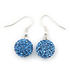 Sky Blue Crystal Ball Drop Earrings In Silver Plated Finish - 12mm Diameter/ 3cm Length