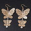 Long Lightweight Filigree Diamante 'Butterfly' Earrings In Gold Plated Metal - 8cm Length