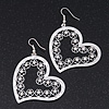 Silver Plated Open-Cut Diamante 'Heart' Drop Earrings - 6cm Length