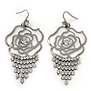 Open Cut Diamante 'Rose' Drop Earrings In Gun Metal Finish - 6.5cm Length