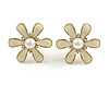 Cream Enamel Simulated Pearl Flower Stud Earrings In Gold Plating - 2cm D