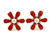 Red Enamel Simulated Pearl Flower Stud Earrings In Gold Plating - 2cm Diameter