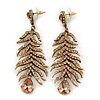 Long Champagne CZ 'Feather' Drop Earrings In Burn Gold Finish - 8cm Length