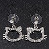 Cute Open Cut Diamante 'Kitten' Drop Earrings In Rhodium Plating - 3cm Length