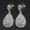 Bridal Clear Diamante Teardrop Earrings In Rhodium Plating - 4cm Length