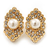 Exotic Diamante Faux Pearl Stud Earrings In Gold Plating - 2.5cm Length
