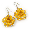3D Bright Yellow Diamante 'Rose' Drop Earrings In Silver Plating - 5cm Length