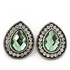 Burn Silver Light Green Jewelled Teardrop Stud Earrings - 3cm Length
