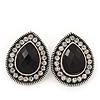 Burn Silver Black Jewelled Teardrop Stud Earrings - 3cm Length