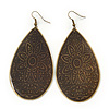 Long Dark Olive Enamel Teardrop Earrings In Bronze Metal - 9.5cm Length