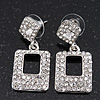 Rhodium Plated Square Drop Clear Crystal Earrings - 3.5cm