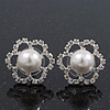 Clear Diamante Simulated Pearl 'Flower' Stud Earrings In Rhodium Plating - 2cm Diameter