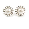 Bridal Diamante Faux Pearl Stud Earrings In Rhodium Plating - 17mm Diameter