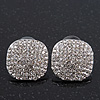 Clear Crystal Square Stud Earrings In Rhodium Plating - 2cm Diameter