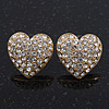 Clear Crystal Pave Set 'Heart' Stud Earrings In Gold Plating - 18mm Diameter
