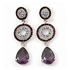 Purple Swarovski Crystal and CZ Teardrop Chandelier Earrings In Rhodium Plating - 60mm Length