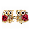 'Wise Owl With Rose' Crystal Paved Stud Earrings In Gold Plating - 2cm Length