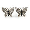 Rhodium Plated Pave Set Butterfly Stud Earrings - 20mm Width