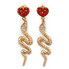 Exquisite Snake With Red Crystal Heart Drop Earrings In Gold Plating - 7cm Length