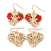 Gold Plated AB & Red Crystal Elephant Earrings - 2 Pc Set - 33mm Length