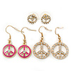 3 Pairs Clear Crystal Fuchsia Peace Earring Set In Gold Plating - 10mm, 32mm, 35mm Length