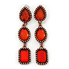Red Acrylic Bead Linear Drop Earrings In Bronze Metal - 65mm Length