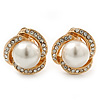 Bridal Diamante White Simulated Glass Pearl Clip On Earrings In Gold Plating - 23mm Diameter