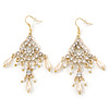 Bridal Clear Crystal, Simulated Glass Pearl Chandelier Earrings In Gold Plating - 75mm Length