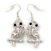 Clear Diamante 'Owl' Drop Earrings In Rhodium Plating - 4.5cm Length