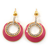 Pink Enamel, Crystal Double Hoop Earrings In Gold Plating - 30mm Length