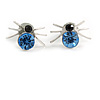 Small Light Blue/ Black Crystal 'Spider' Stud Earrings In Silver Plating - 12mm Across