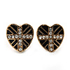 Children's/ Teen's / Kid's Small Black Enamel Crystal 'Heart' Stud Earrings In Gold Plating - 10mm Length