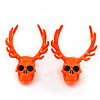 Teen Skull and Antlers Stud Earrings in Neon Orange - 3.5cm in Height