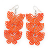 Neon Orange Lightweight Filigree Triple Butterfly Drop Earrings In Silver Tone - 75mm Length