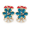 Pink/ Light Blue/ White Crystal Floral Clip On Earrings In Gold Plating - 22mm Length