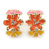 Pink/ Orange/ Yellow Crystal Floral Clip On Earrings In Gold Plating - 22mm Length