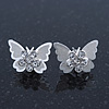 Teen Rhodium Plated Clear Crystal 'Butterfly' Stud Earrings - 15mm Width