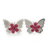 Teen Rhodium Plated Pink Crystal 'Butterfly' Stud Earrings - 15mm Width