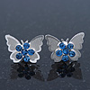 Teen Rhodium Plated Sky Blue Crystal 'Butterfly' Stud Earrings - 15mm Width
