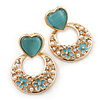 Light Blue Heart & Flower Diamante Hoop Earring In Gold Plating - 30mm Length