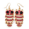 Magenta Enamel 'Owl' Drop Earrings In Gold Plating - 7cm Length