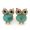 Funky Light Green Crystal 'Owl' Stud Earrings In Gold Plating - 18mm Length