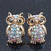 Small AB Crystal 'Owl' Stud Earrings In Gold Plating - 18mm Length