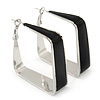 Contemporary Square Black Enamel Hoop Earrings In Rhodium Plating - 50mm Width