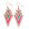 Deep Pink, Green Enamel Crystal Triangular Drop Earrings In Gold Plating - 60mm Length