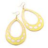 Long Lightweight Neon Yellow/ White Enamel Oval Hoop Earrings In Gold Plating - 85mm Drop